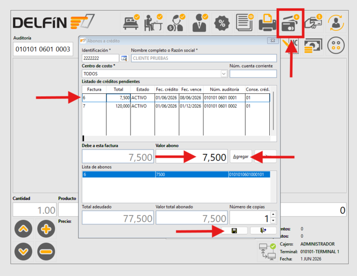 Registrar abono a crédito una factura